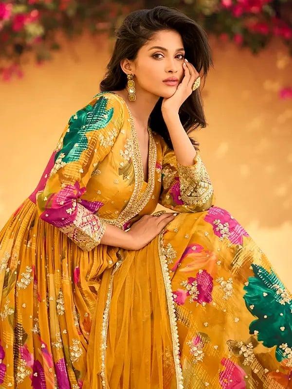 Exotic India Elegant Floral Print And Thread Embroidery Work Chinon Anarkali Gown With Net Dupatta 