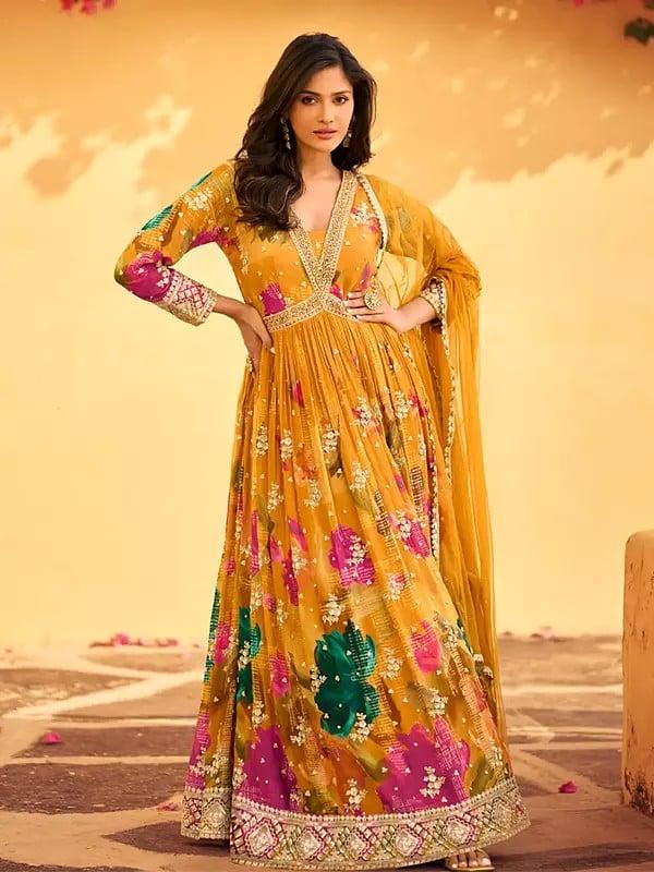 exotic india Elegant Floral Print And Thread Embroidery Work Chinon Anarkali Gown With Net Dupatta 