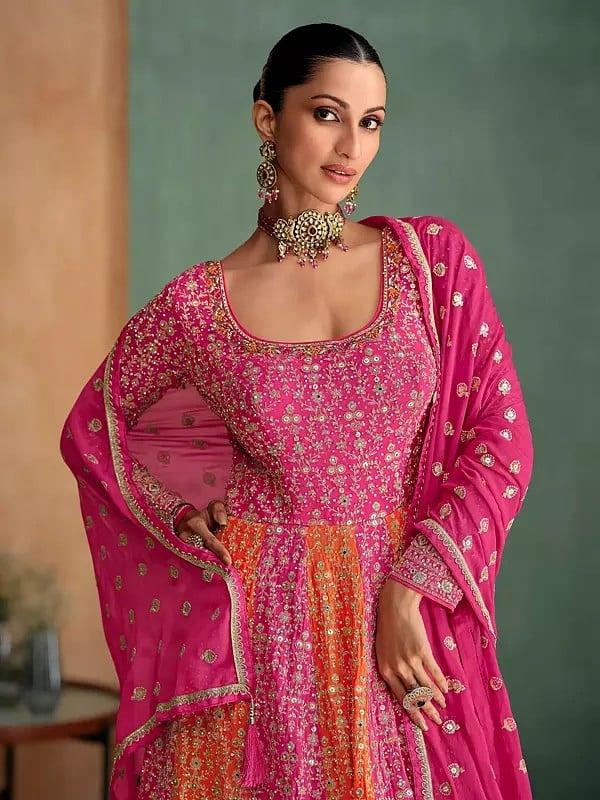 Exotic India Elegant Georgette Heavy Sequins And Embroidery Work Wedding Wear Gown With Dupatta 