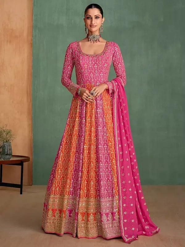 exotic india Elegant Georgette Heavy Sequins And Embroidery Work Wedding Wear Gown With Dupatta 