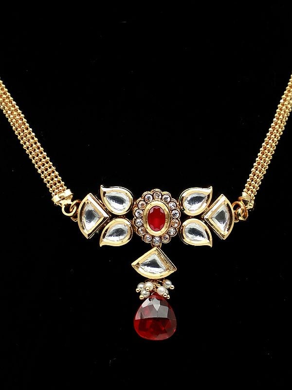 Exotic India Elegant Kundan Studded Pendant Set With Beautiful Chain And Earrings 