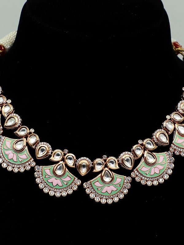 Exotic India Elegant Meenakari Necklace Set In Brass With Attractive Earrings