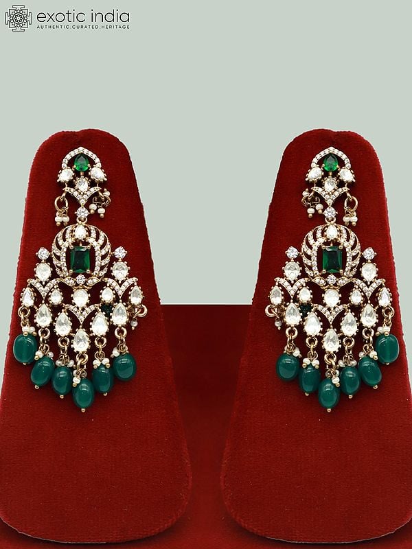 Exotic India Elegant Moissanite Necklace Set With Doublet Stone Earrings And Mangtika