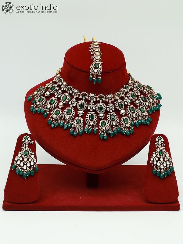 exotic india Elegant Moissanite Necklace Set With Doublet Stone Earrings And Mangtika 