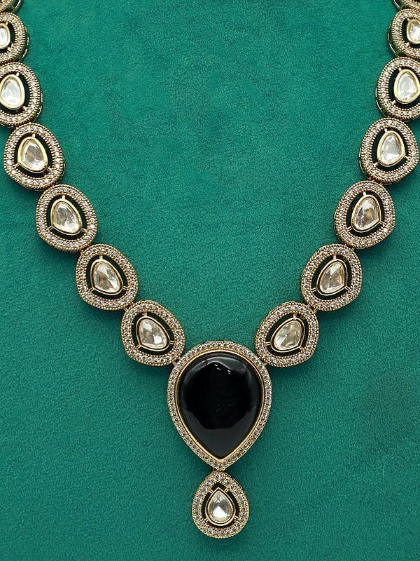Exotic India Elegant Monalisa With Moissanite Kundan Stone Studded Necklace With Earrings 