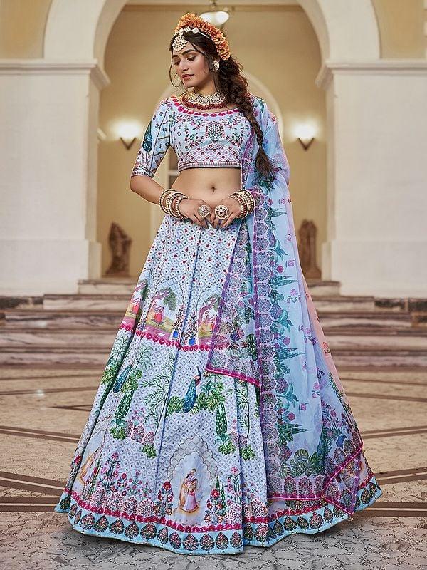 Exotic India Elegant Royal Print And Sequins Work Art Silk Wedding Wear Lehenga Choli With Dupatta 