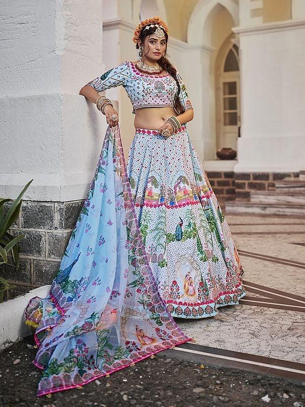 Exotic India Elegant Royal Print And Sequins Work Art Silk Wedding Wear Lehenga Choli With Dupatta 