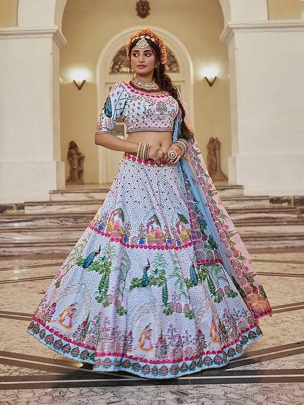 Exotic India Elegant Royal Print And Sequins Work Art Silk Wedding Wear Lehenga Choli With Dupatta 