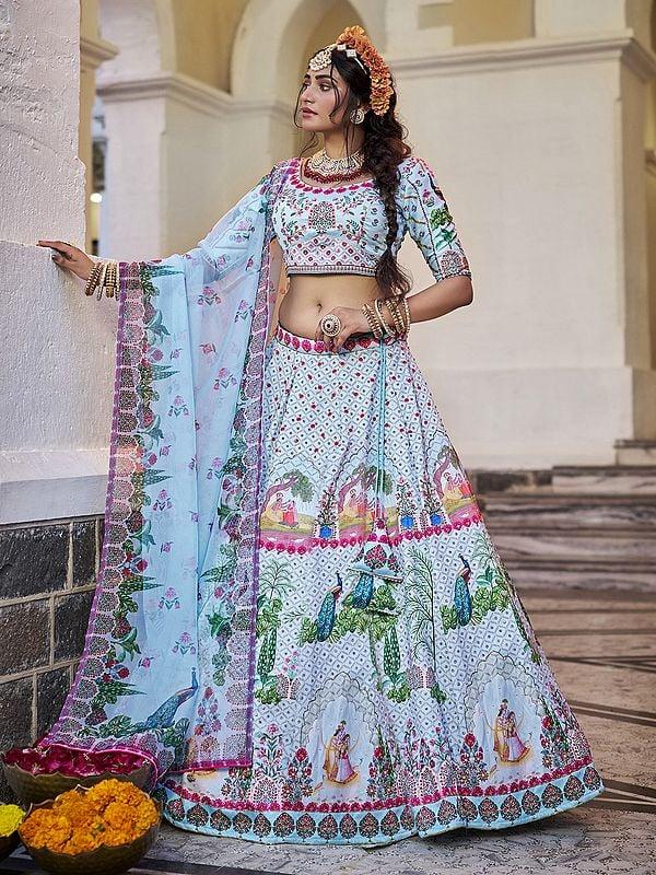 exotic india Elegant Royal Print And Sequins Work Art Silk Wedding Wear Lehenga Choli With Dupatta 