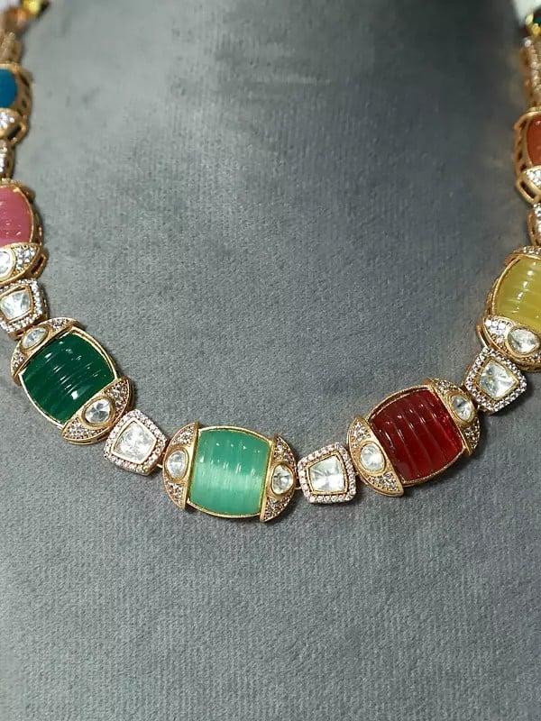 Exotic India Elegant Stone Studded Copper And Kundan Necklace Set With Earrings