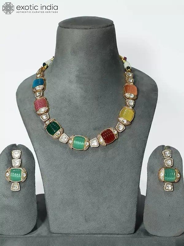 exotic india Elegant Stone Studded Copper And Kundan Necklace Set With Earrings 