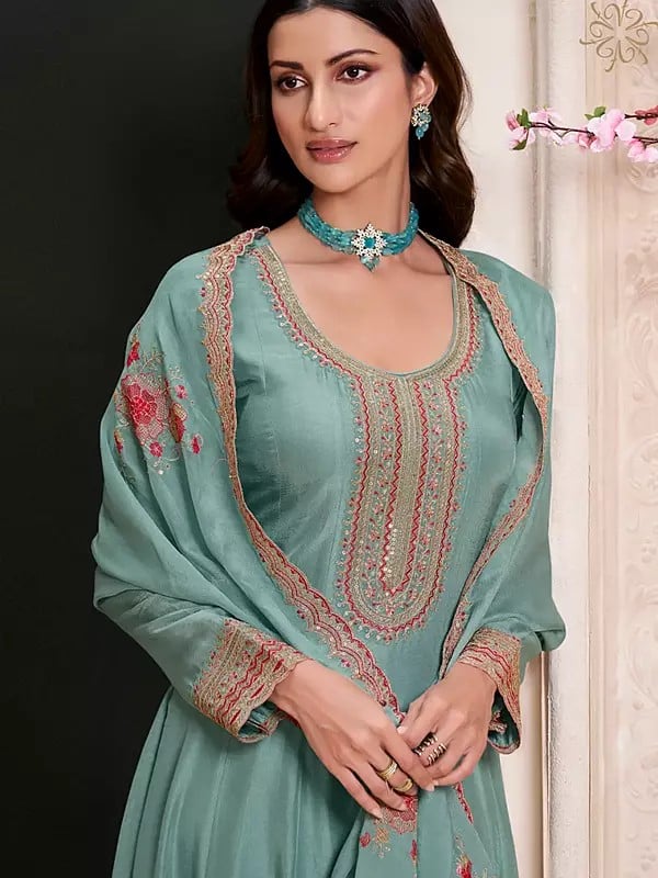 Exotic India Elegant Thread And Sequins Work Silk Festive Wear Anarkali Suit With Matching Dupatta 