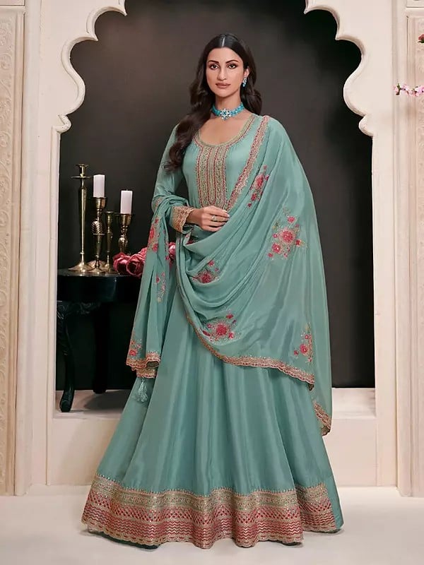 exotic india Elegant Thread And Sequins Work Silk Festive Wear Anarkali Suit With Matching Dupatta 