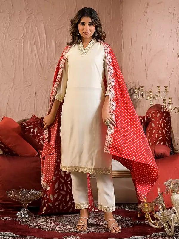 Exotic India Elegant V-Neck Attractive Sequins Work Festive Wear Straight Rayon Slub Kurta Set With Bandhani Print Dupatta 