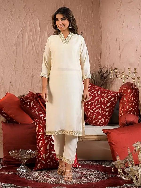 Exotic India Elegant V-Neck Attractive Sequins Work Festive Wear Straight Rayon Slub Kurta Set With Bandhani Print Dupatta 