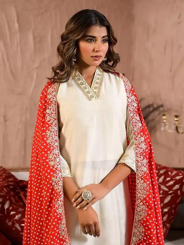 Exotic India Elegant V-Neck Attractive Sequins Work Festive Wear Straight Rayon Slub Kurta Set With Bandhani Print Dupatta 