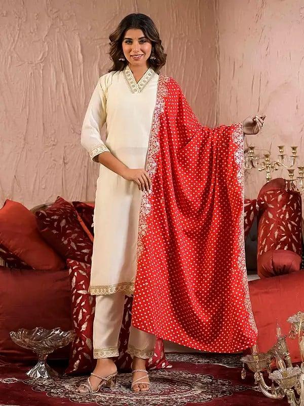 exotic india Elegant V-Neck Attractive Sequins Work Festive Wear Straight Rayon Slub Kurta Set With Bandhani Print Dupatta 