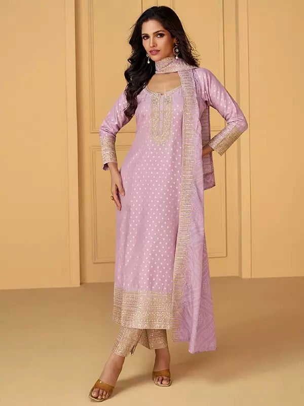 Exotic India Elegant Viscose Embroidery And Weaving Work Festive Wear Straight Kurta With Bandhani Print Dupatta 