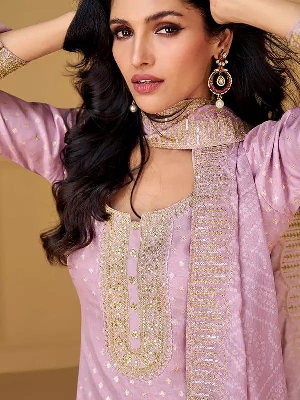Exotic India Elegant Viscose Embroidery And Weaving Work Festive Wear Straight Kurta With Bandhani Print Dupatta 