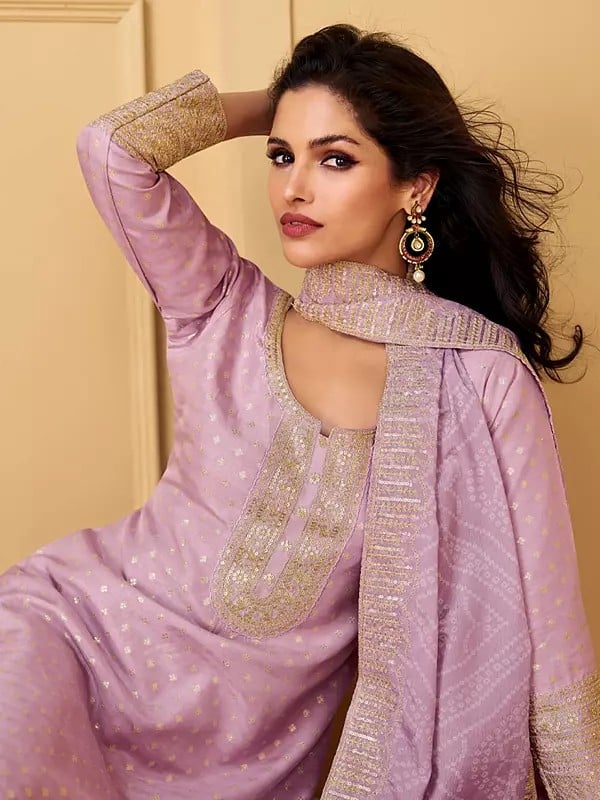 Exotic India Elegant Viscose Embroidery And Weaving Work Festive Wear Straight Kurta With Bandhani Print Dupatta 