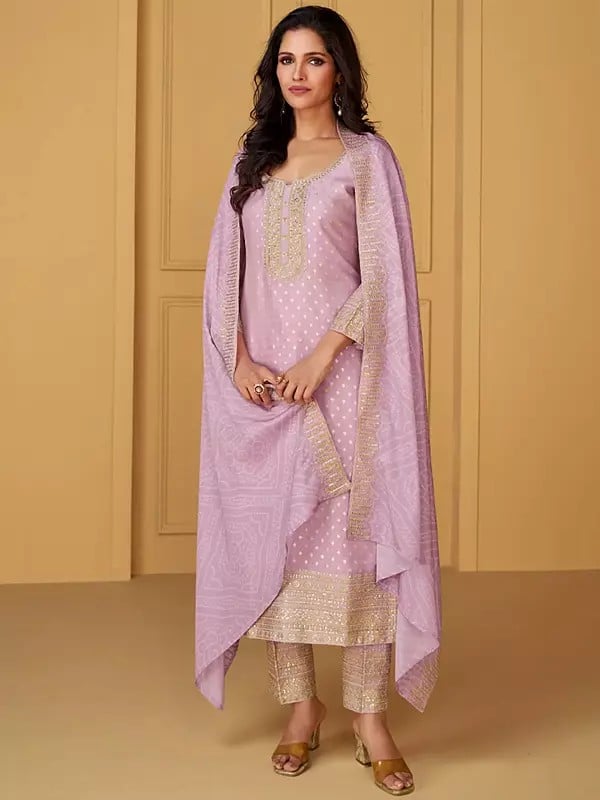 exotic india Elegant Viscose Embroidery And Weaving Work Festive Wear Straight Kurta With Bandhani Print Dupatta 