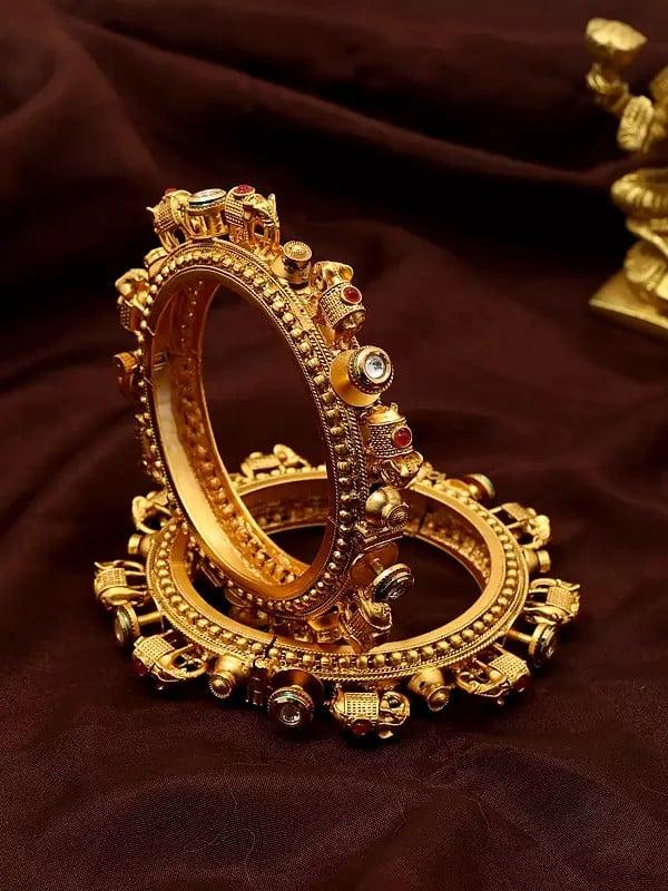 exotic india Elephant Design Stone Studded Pacheli Bangles (Set of 2) 