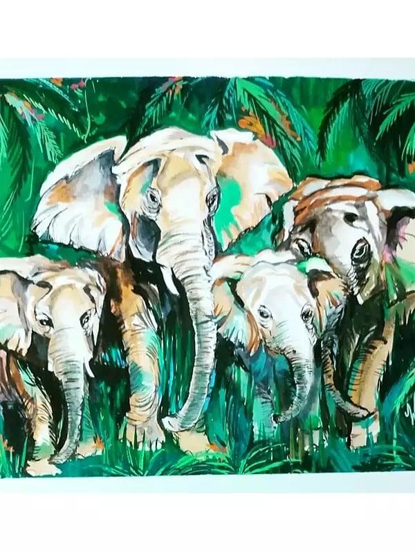 Exotic India Elephant Family In The Wild | Poster On Canson | By Megha Chakraborty 