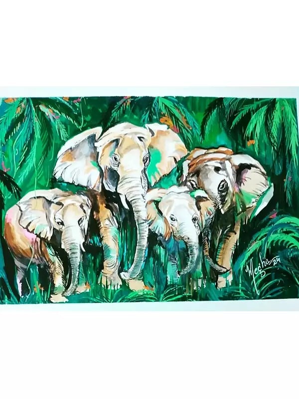 exotic india Elephant Family In The Wild | Poster On Canson | By Megha Chakraborty 