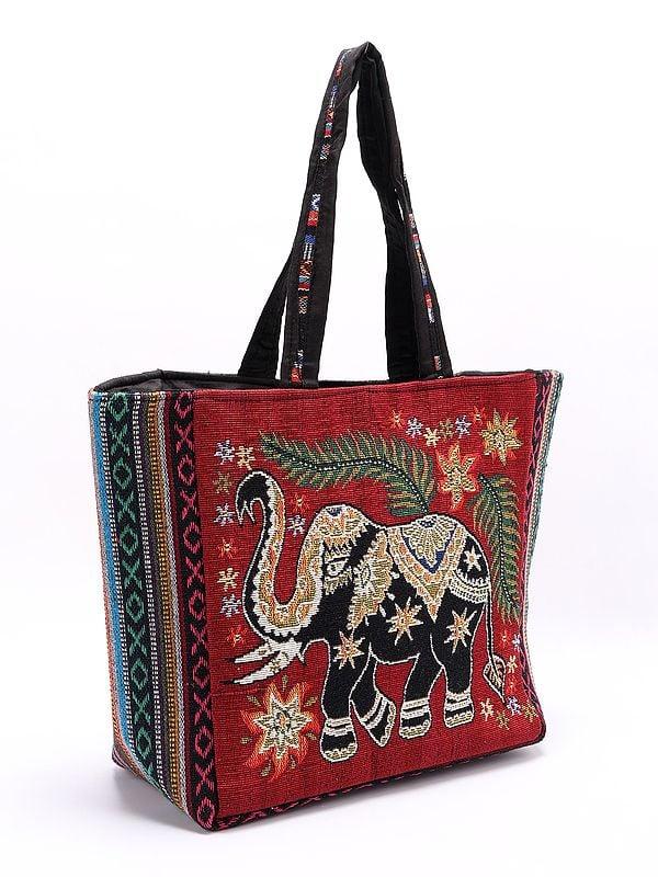 Exotic India Elephant Tote Bag From Kutch With Zipper Closure 