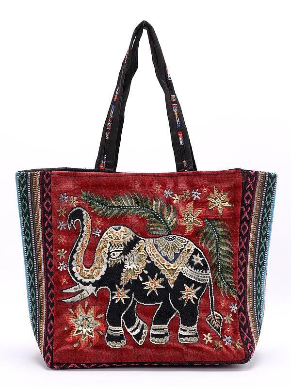 exotic india Elephant Tote Bag from Kutch with Zipper Closure 