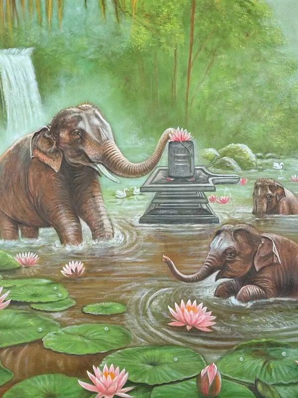 Exotic India Elephants Worshipping Shivalinga | Oil On Canvas 