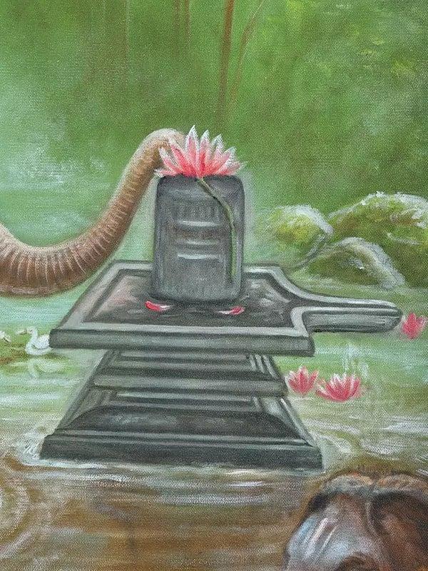 Exotic India Elephants Worshipping Shivalinga | Oil On Canvas 