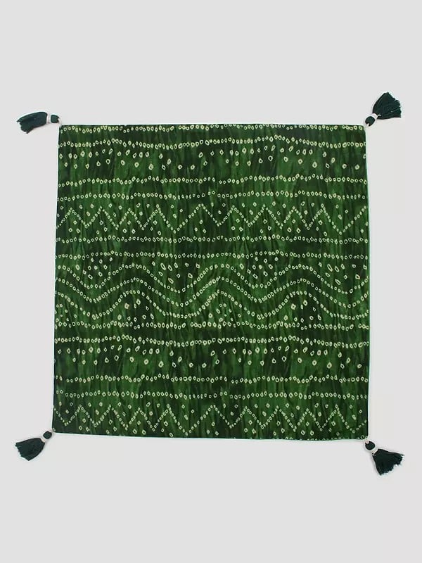 Exotic India Elm-Green Bandhani Printed Cushion Cover With Tassels 