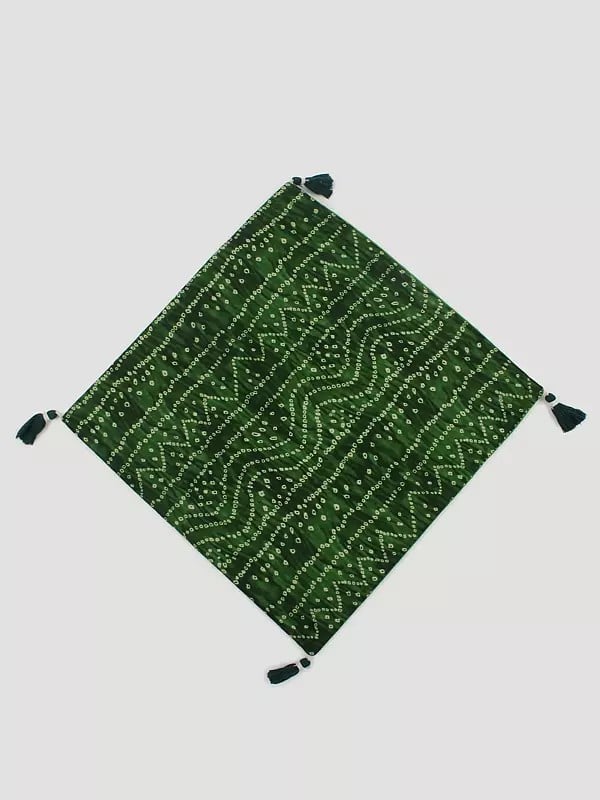 Exotic India Elm-Green Bandhani Printed Cushion Cover With Tassels 