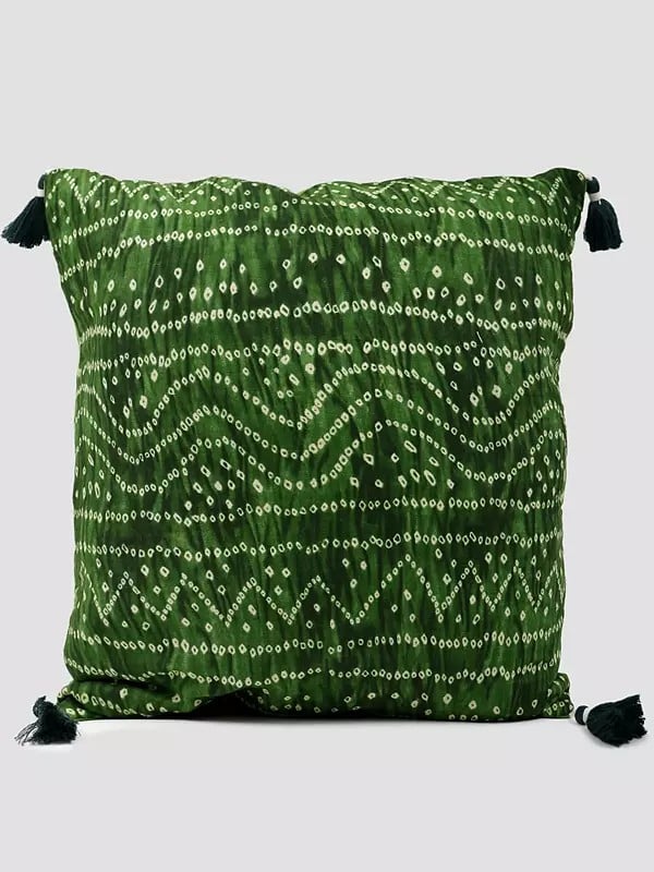exotic india Elm-Green Bandhani Printed Cushion Cover with Tassels 