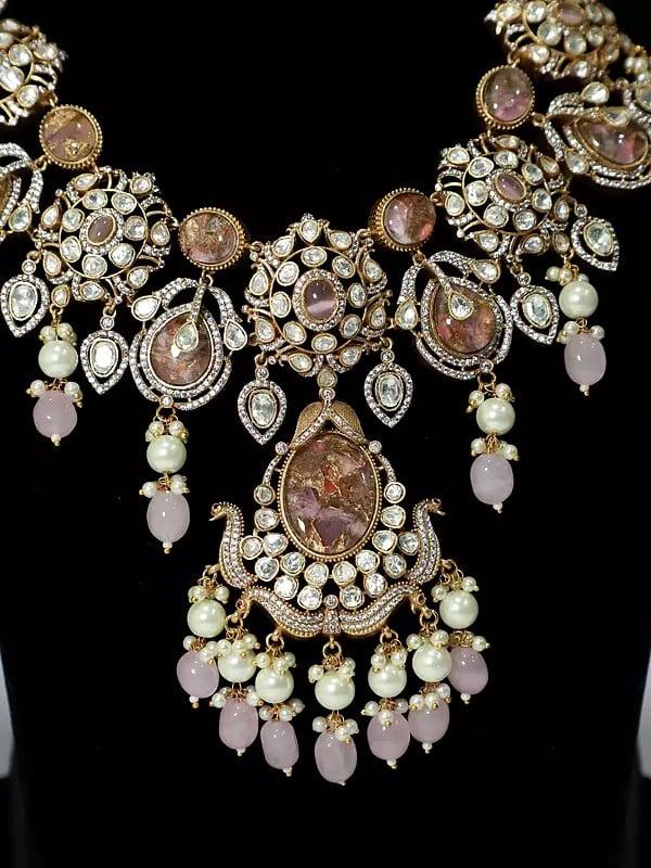 Exotic India Embellished Beaded Copper And Kundan Stone Studded Necklace Set With Earrings