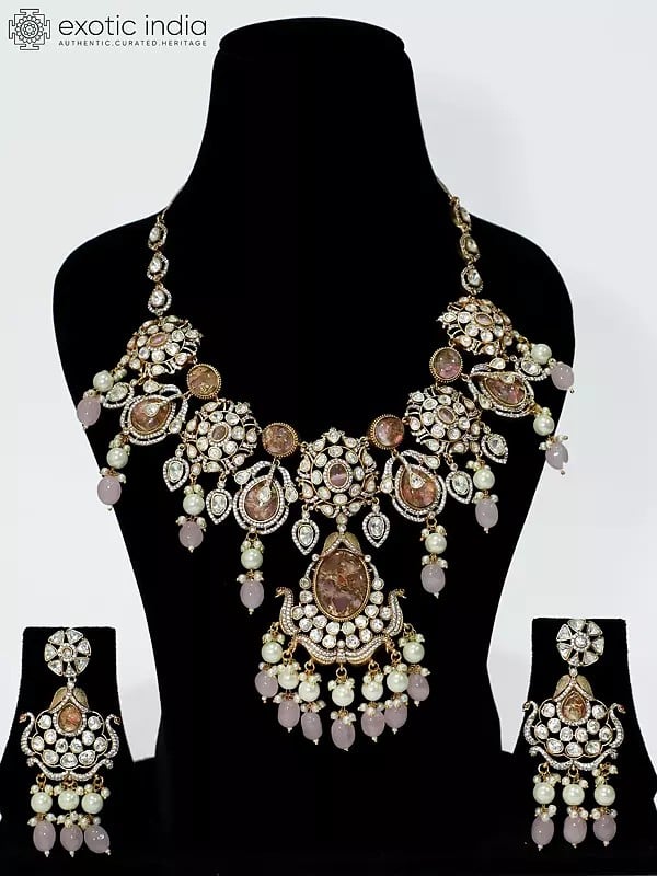 exotic india Embellished Beaded Copper And Kundan Stone Studded Necklace Set With Earrings 
