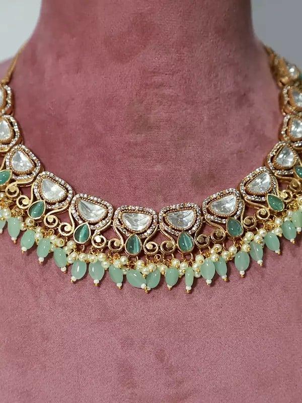 Exotic India Embellished Copper And Kundan Stone Studded Beaded Necklace Set With Earrings