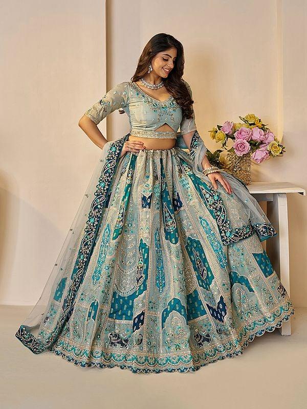 Exotic India Embellished Embroidery And Sequins Work Banarasi Silk Wedding Wear Lehenga Choli With Soft Net Dupatta