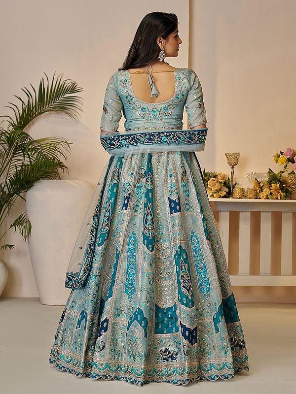 Exotic India Embellished Embroidery And Sequins Work Banarasi Silk Wedding Wear Lehenga Choli With Soft Net Dupatta