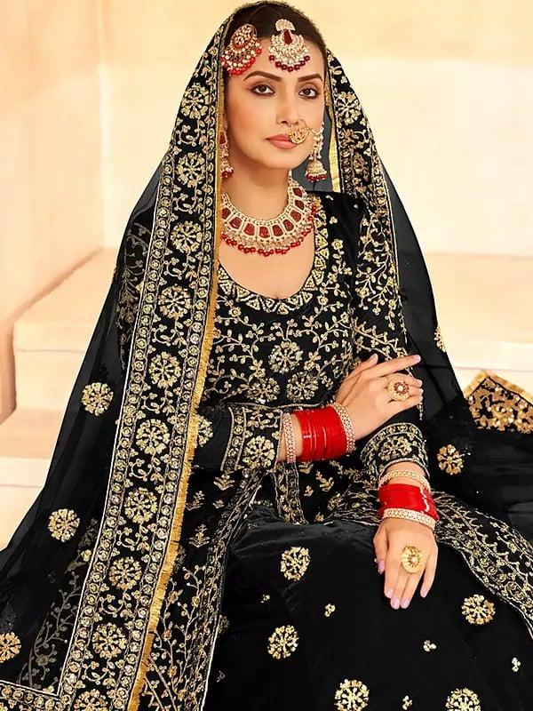 Exotic India Embellished Embroidery And Sequins Work Stunning Velvet Anarkali Gown With Matching Dupatta