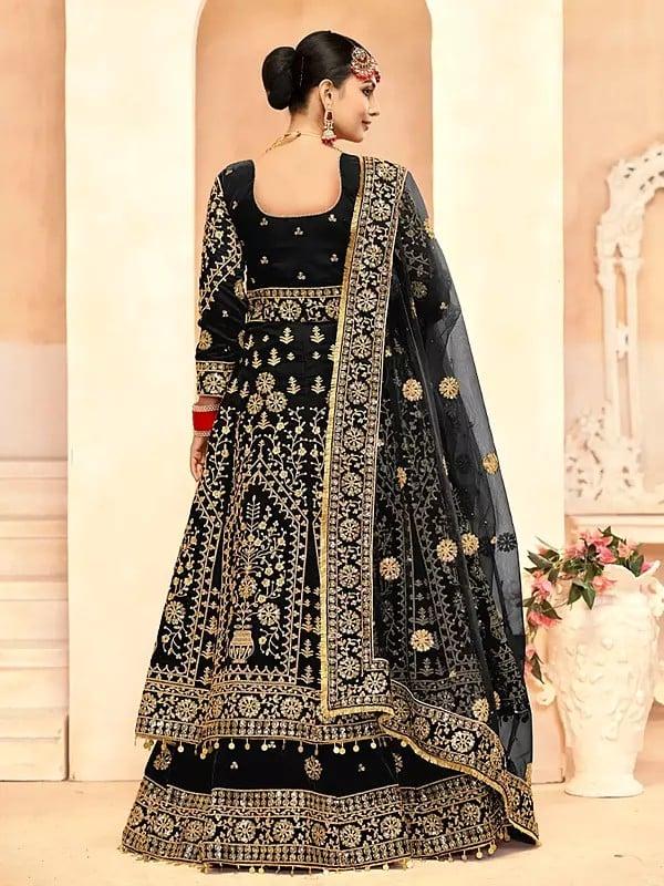 Exotic India Embellished Embroidery And Sequins Work Stunning Velvet Anarkali Gown With Matching Dupatta