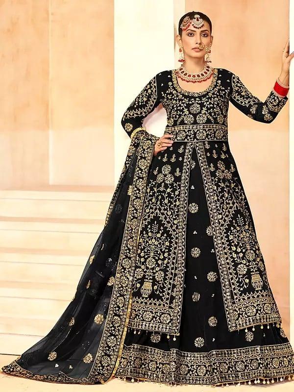 exotic india Embellished Embroidery And Sequins Work Stunning Velvet Anarkali Gown With Matching Dupatta 