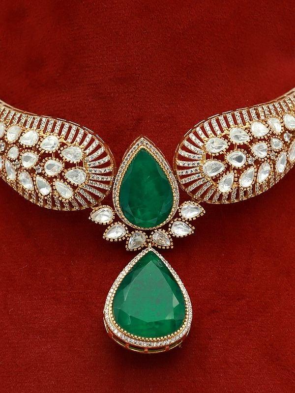 Exotic India Embellished Floral Design Moissanite Kundan With Matt Polish Stone Studded Necklace Set