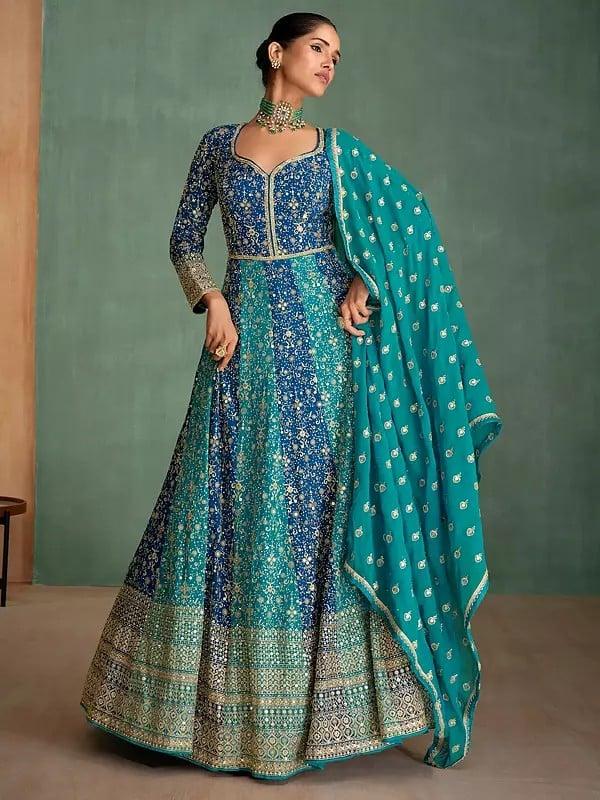 Exotic India Embellished Georgette Heavy Sequins And Embroidery Work Wedding Wear Gown With Tassels Dupatta