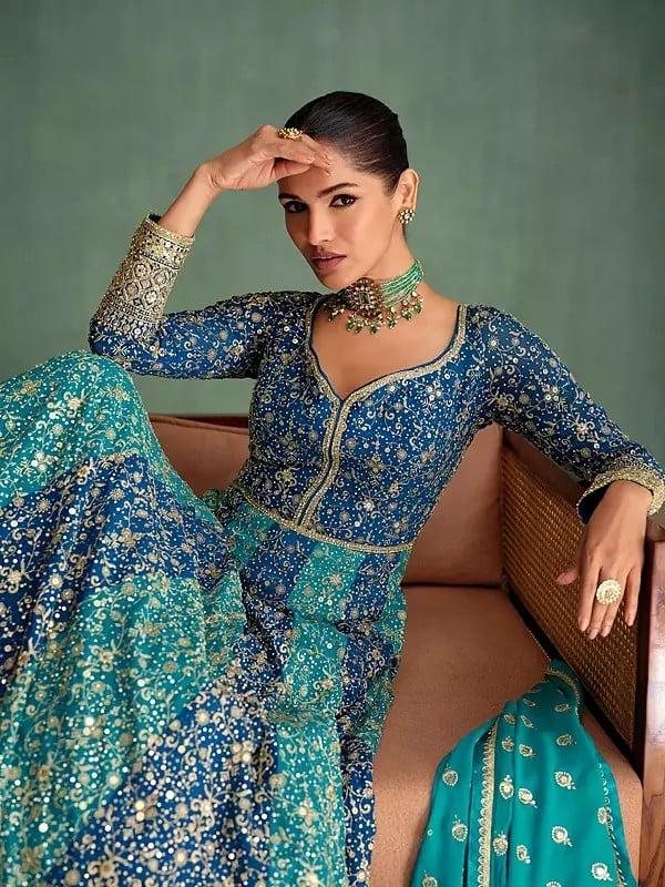 Exotic India Embellished Georgette Heavy Sequins And Embroidery Work Wedding Wear Gown With Tassels Dupatta