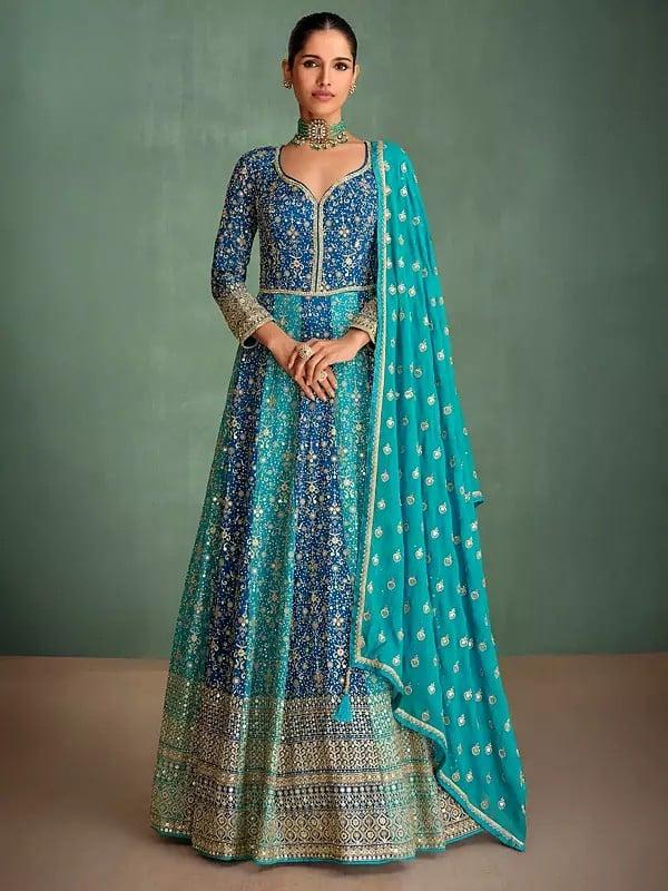 exotic india Embellished Georgette Heavy Sequins And Embroidery Work Wedding Wear Gown With Tassels Dupatta