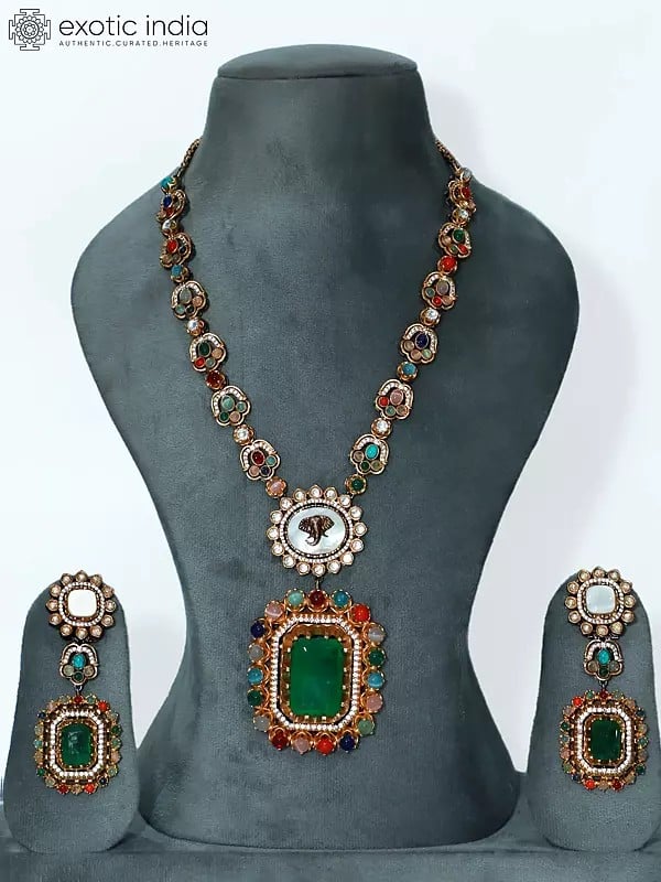 exotic india Embellished Long Studded Necklace Set With Earrings