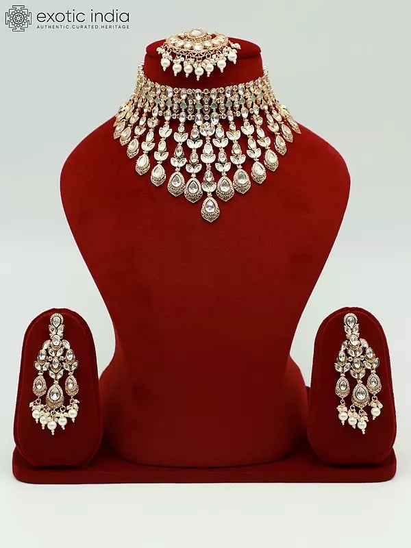 exotic india Embellished Moissanite Kundan With Matt Polish Choker Necklace With Earrings And Mangtika