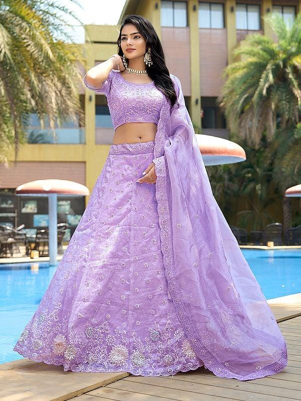 Exotic India Embellished Sequins And Zarkan Work Pure Organza Elegant Lehenga Choli With Matching Dupatta 